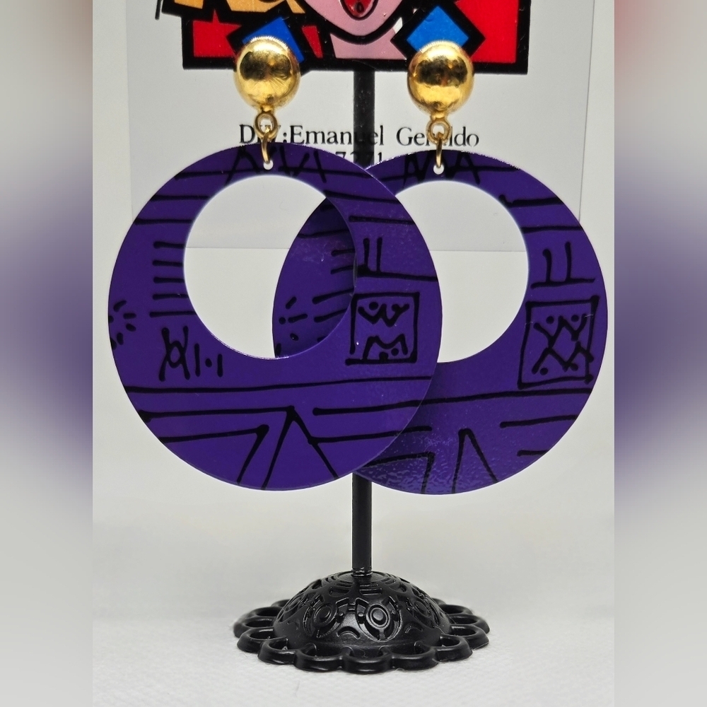 Vintage Goldie Purple Hoop Earrings Pop Art 80s Statement Dangle - Picture 6 of 7